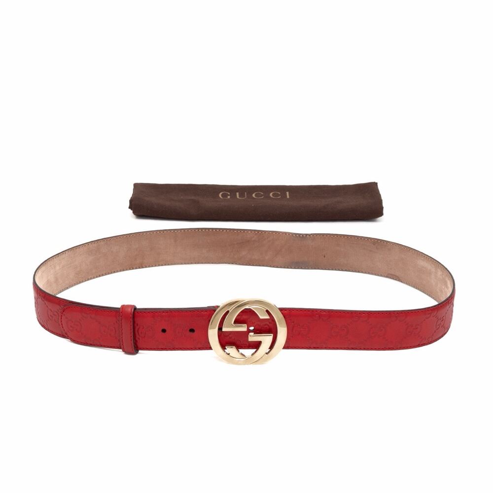 GUCCI Red Leather Signature Monogram Interlocking GG Gold Buckle Belt 100•40